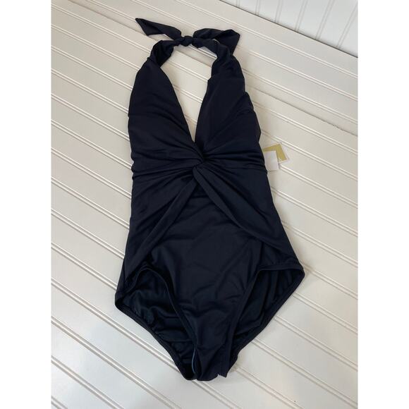 NWT Michael Kors One Piece Bathing Suit Black Twisted Front Plunged Neck Size XS - Picture 3 of 8